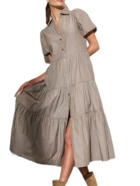 Brochu Walker Taupe Tiered Button-Front Midi Dress